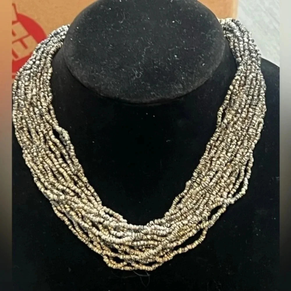 Multi strand Gray Black Speckled Seed Beads Necklace